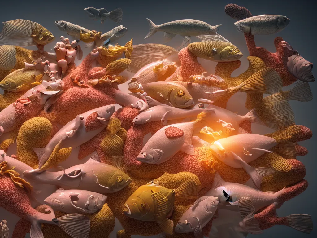 Image similar to a sculpture of fish group ocean intertwined, diode lighting, a lovely cornucopia of flowers and human body parts, body parts, highly detailed, octane render, cinematic, sharp focus, clean, studio lighting, sunset