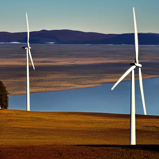 Prompt: an photo showing a view of lake siljan, a kissing couple in the foreground and many wind turbines in the lake, golden hour, sigma 5 5