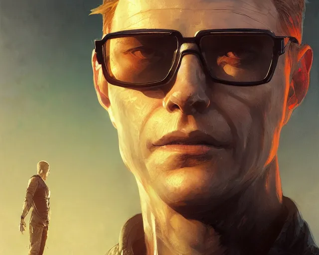 Image similar to highly detailed portrait of albert wesker, in dying light, stephen bliss, unreal engine, fantasy art by greg rutkowski, loish, rhads, ferdinand knab, makoto shinkai and lois van baarle, ilya kuvshinov, rossdraws, tom bagshaw, global illumination, radiant light, detailed and intricate environment