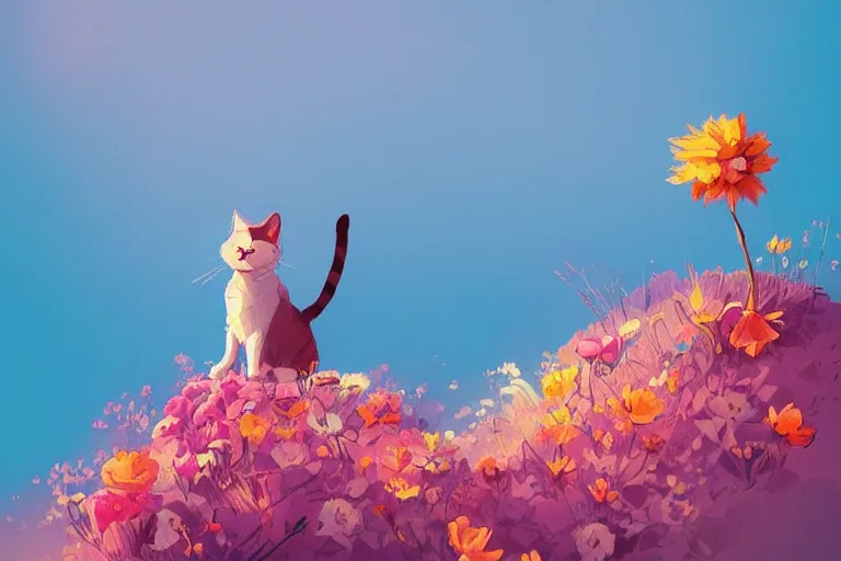Prompt: a digital art of a cat standing on the top of the hill with flowers around in the afternoon, sunshine, cute, illustration, animal, light effect, highly detailed, by anton fadeev
