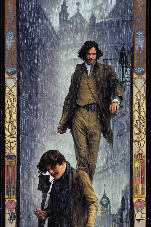 Image similar to a detailed tarot card of jared padalecki in a supernatural sherlock holmes story, 1 8 th century london in the rain, city streets, ominous, masterpiece, 8 k, art by alphonse mucha and greg rutkowski