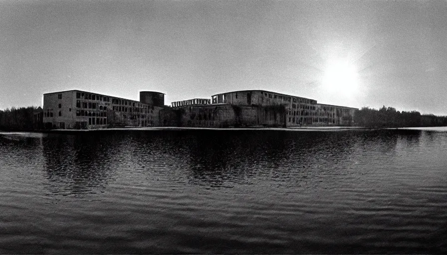 Prompt: 1 9 7 0 s movie still by andrei tarkovsky of a noneuclidian building with a lake in the middle, by piranesi, panoramic, ultra wide lens, cinematic light, flare, anamorphic