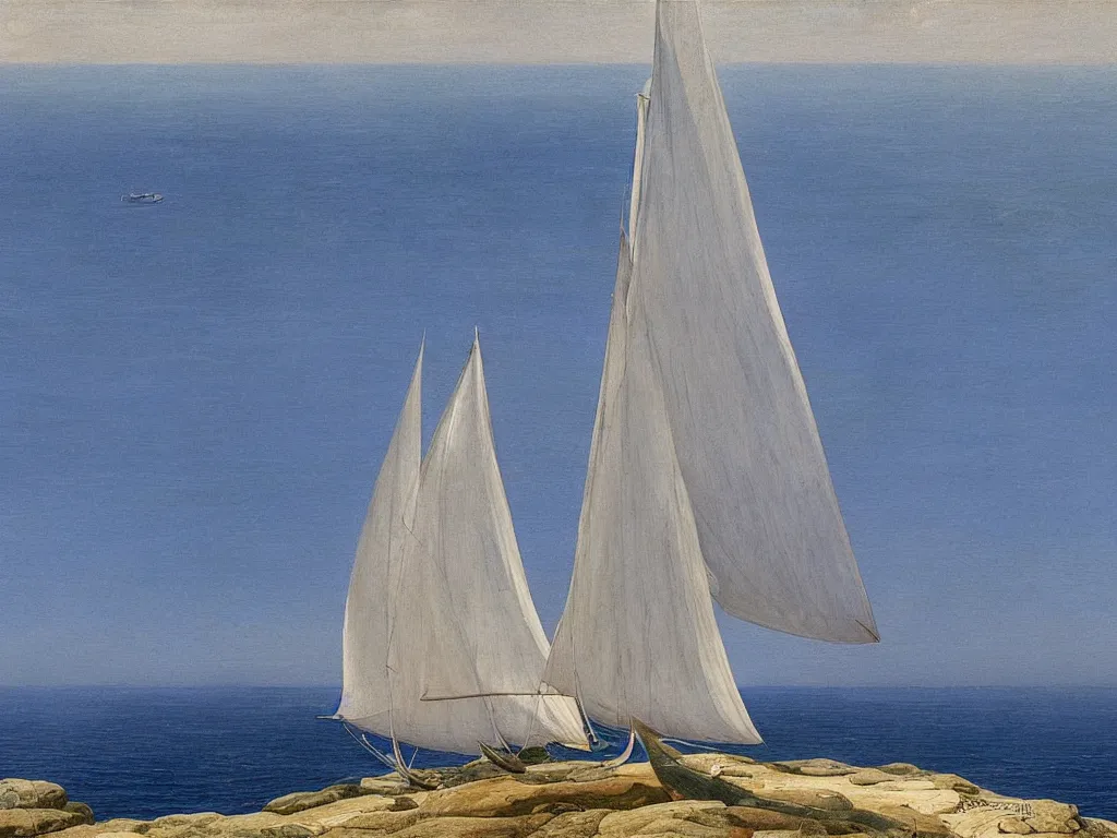 Image similar to A modern white sailing boat on the sea in the Esterel. Painting by Caspar David Friedrich, Roger Dean, Walton Ford