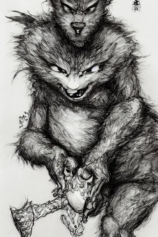 Prompt: A cute baby werewolf eating , pen and ink, intricate line drawings, by Yoshitaka Amano, Ruan Jia, Kentaro Miura, Artgerm, watercolor