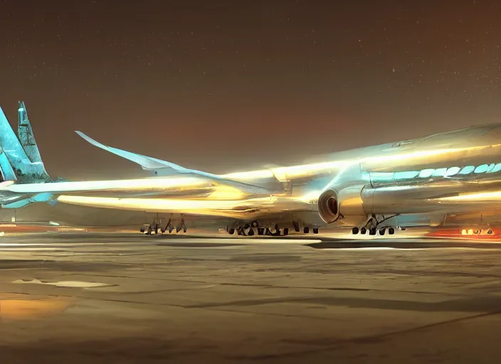 Prompt: immense futuristic jet plane arrives at runway of cyberpunk airport at night ,cinematic lighting, concept art