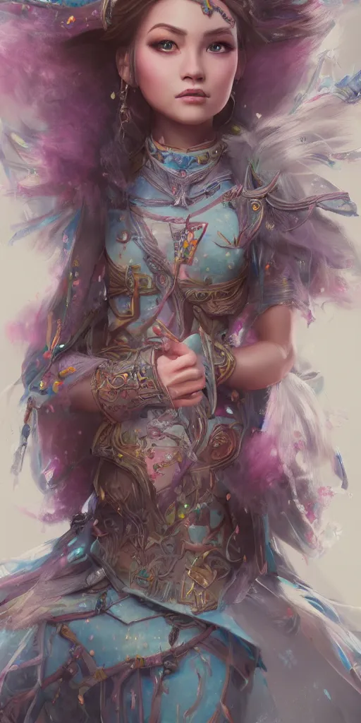 Prompt: detailed concept art illustration pastel painting of a Disney warrior princess in full intricate clothing, ultra detailed, digital art, octane render, 4K, micro details