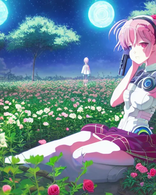 Image similar to cyborg girl in solarpunk rose garden, contemplation, anime epic artwork, kyoto animation, key visual, 4 k, ultra fine detail