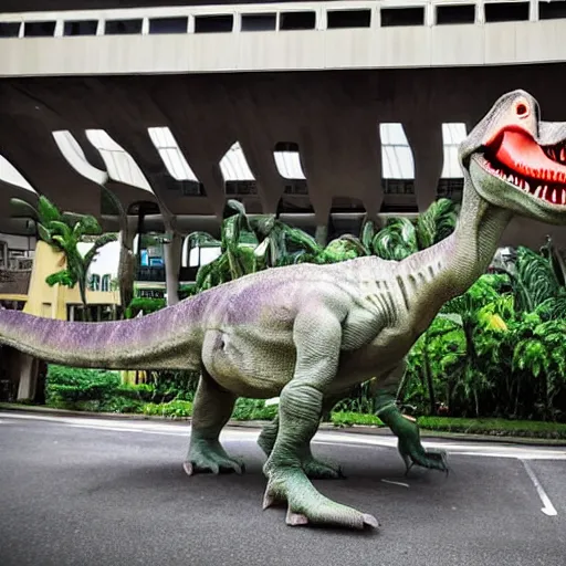 Image similar to a dinosaur terrorizes Singapore