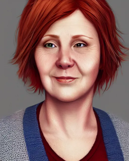 Image similar to portrait of short and plump 5 0 - year - old woman with red hair and, happy kind face, round face, short hair, molly weasley, wearing in cardigan, hyper realistic face, beautiful eyes, character art, art by mark brooks, hyperdetailed, cryengine, trending on artstation, digital art