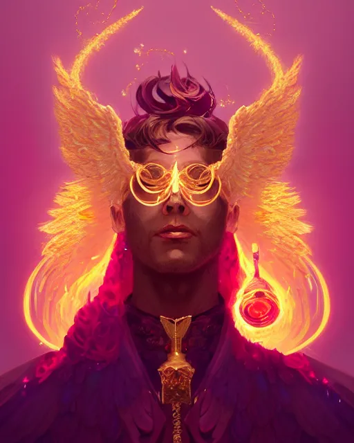 Image similar to a character portrait of only one male angel of justice with golden fiery wings, surrounded with spiriling sparkling rose crystals, by peter mohrbacher, hyper light drifter, by ilya kuvshinov katsuhiro, jim burns, wadim kashin, greg rutkowski, trending on artstation