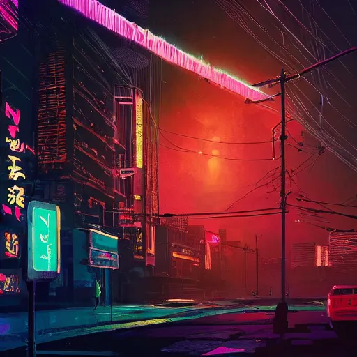 Image similar to a detailed matte painting of a neon cat under a black light with red led eyes, the cat is in a intricately detailed neo neon cyberpunk Japanese city, the angel of death with a halo, colorful background not limited to children, by Ismail Inceoglu , concept art, featured on cgsociety