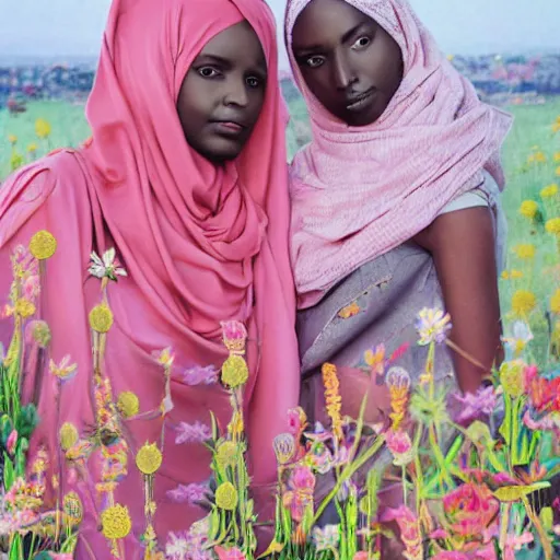 Prompt: somali friends, vintage, field of flowers, city bridge, beautiful, happy, dreamy, pastel, highly detailed, detailed faces, high focus, dreamy, pastel