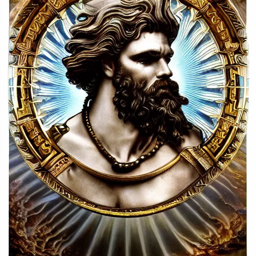 Prompt: portrait of zeus king of olympus made with porcelain by Jeff Easley and Peter Elson + beautiful eyes, beautiful face + symmetry face + border and embellishments inspiried by alphonse mucha, fractals in the background, galaxy + baroque, gothic, surreal + highly detailed, intricate complexity, epic composition, magical atmosphere + masterpiece, award winning + trending on artstation