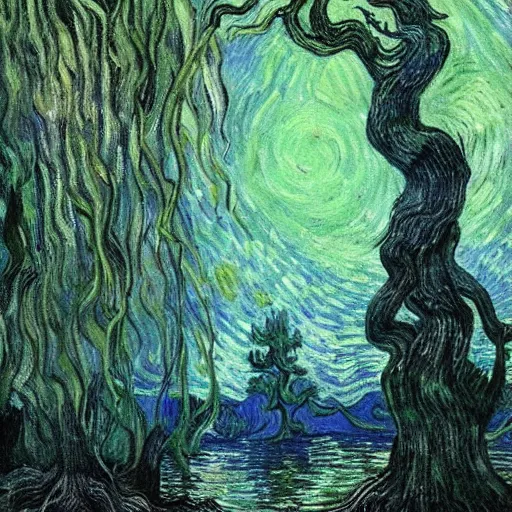 Prompt: highly realistic scenic painting of a towering misty dark fantasy forest surrounding a pond, a rusalka sits on the roots of an ancient tree looking up at the moon, spooky fog, looming trees, beautiful fantasy painting hd, painting by van gogh