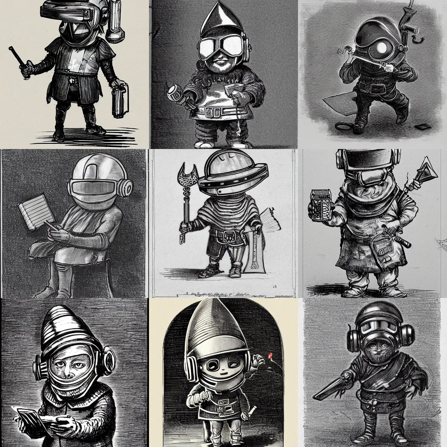 Prompt: sketch of a funny chibi dnd gnome inventor tinkerer wearing a daft punk helmet, he has a wrench on one hand and a notebook on the other hand, etching by louis le breton, 1 8 6 9, 1 2 0 0 dpi scan