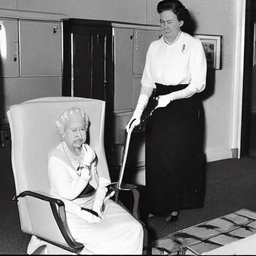 Image similar to the queen as a early cleaner in an office