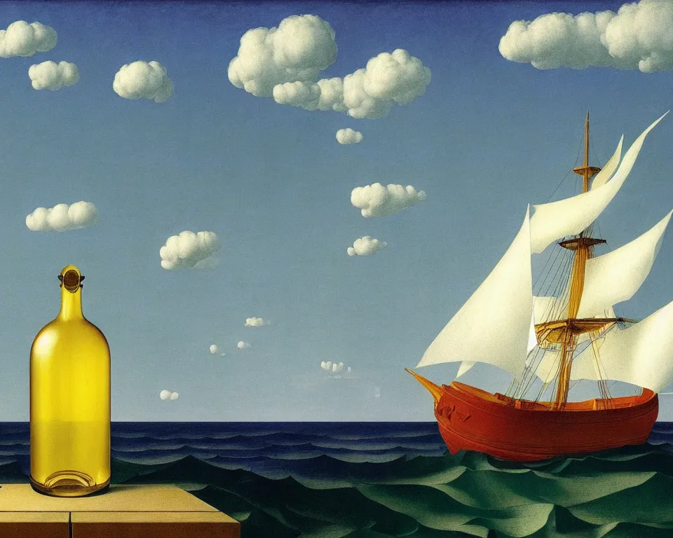 Prompt: an achingly beautiful print of a ship in a bottle by raphael, hopper, and rene magritte. detailed, proportional, romantic, vibrant, enchanting, trending on artstation