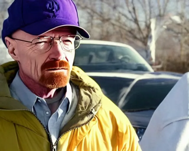 Prompt: Walter White wearing a puffer jacket and a baseball cap, movie still, realistic