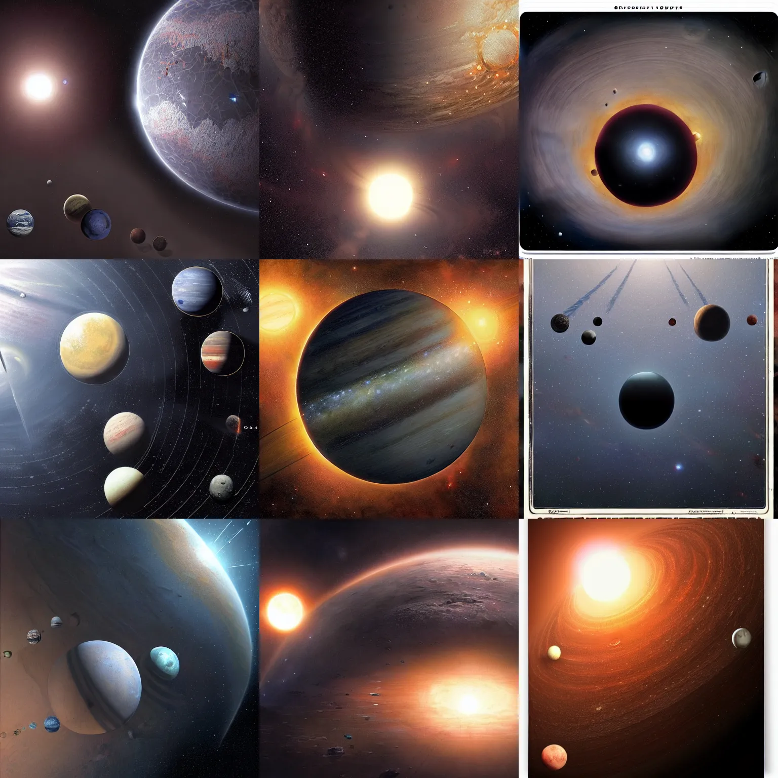 Prompt: solar system, zoomed out, orbit, dark, painted by greg rutkowski