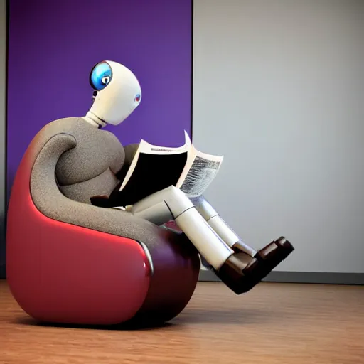 Image similar to futuristic studious matte brown and red and chrome full-body humanoid robot with two huge round expressive sad purple glowing LED eyes and open rectangular mouth sitting on a large comfortable cushioned 1950s vintage recliner reading a newspaper. open newspaper. full shot Cinematic Movie Photograph, Arri Alexa, Extremely Detailed, smooth, very very clean, white cyc, white background, 8K, octane render, maya render, unreal engine, trending on artstation, DSLR, excellent composition, center frame