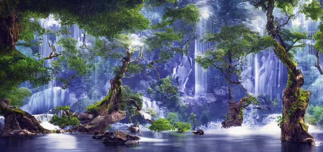 Prompt: a beautiful futurist forest island with waterfall floats in the air, matte painting, 4 k, details