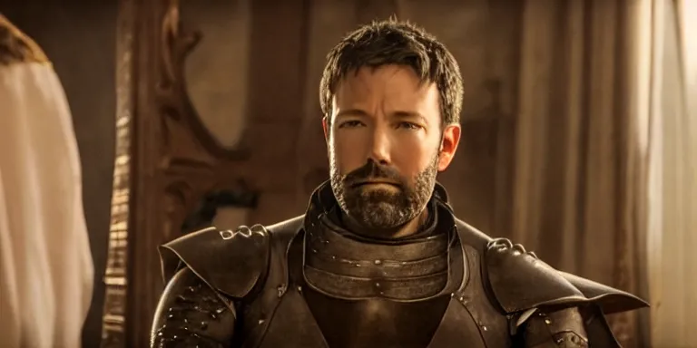 Prompt: still frame from a movie, close up of a smiling ben affleck in a 15th century knight suit, centerframe, medieval background, rule of third, alexa 65, cooke prime 85mm, cinematic, film grain, flare