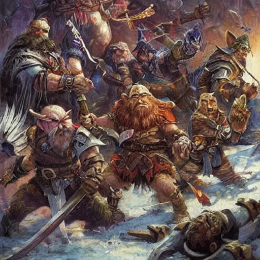 Image similar to DnD dwarves fighting goblins. Epic painting by james gurney.