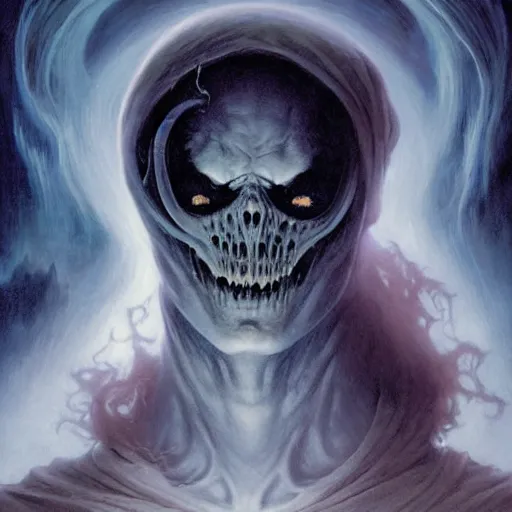 Image similar to head and shoulders portrait of a ghostly spectral wraith, d & d, fantasy, greg rutkowski, frank frazetta, alexandre chaudret, boris vallejo, michael whelan, miro petrov, hr giger, magali villeneuve, donato giancola