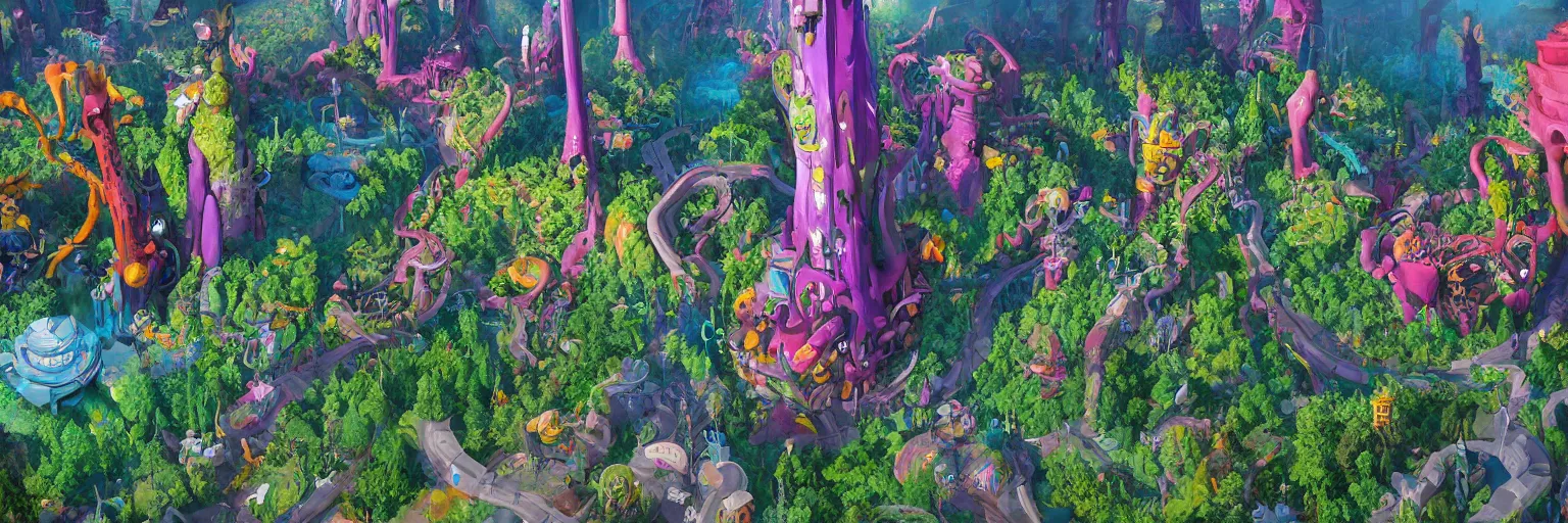 Image similar to a beautiful painting of a towering surreal aaahh!!! real monsters park by james gurney and beeple | seen from above | establishing shot | unreal engine :. 3 | es