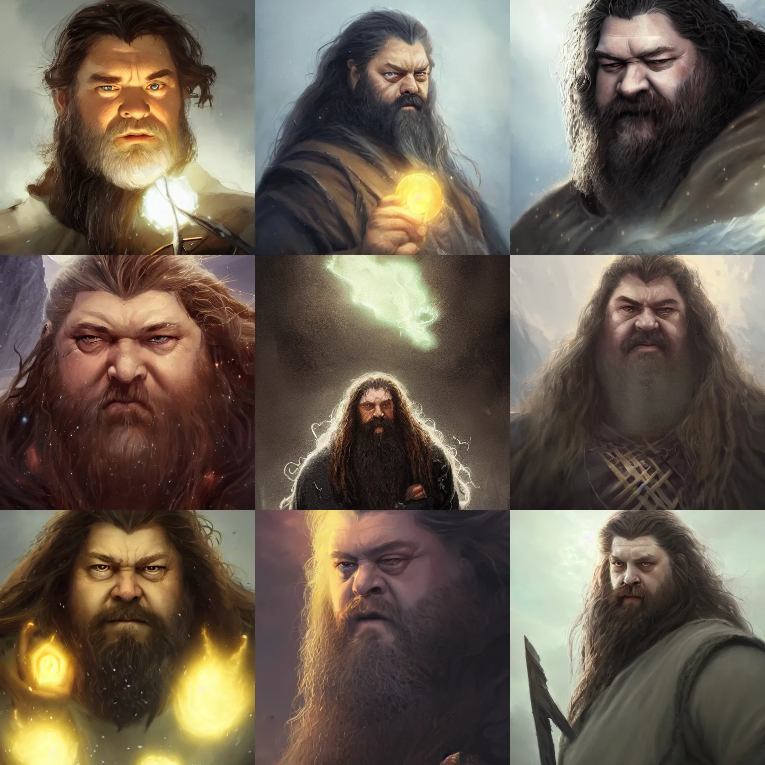 Prompt: a beautiful portrait of a norse god based on Hagrid with glowing eyes by Greg Rutkowski and Raymond Swanland, Trending on Artstation, cloudy background, ultra realistic digital art