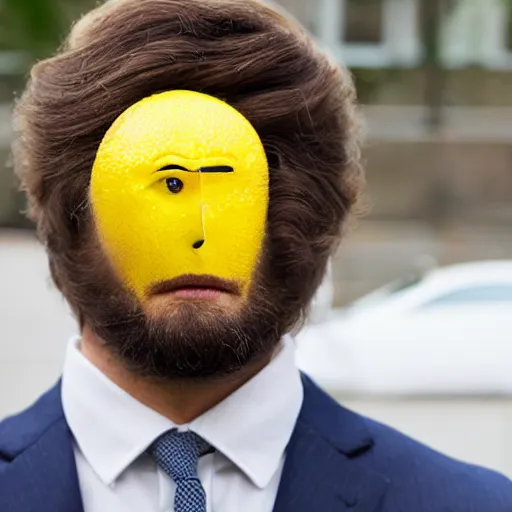 Image similar to a man wearing a suit lemon head