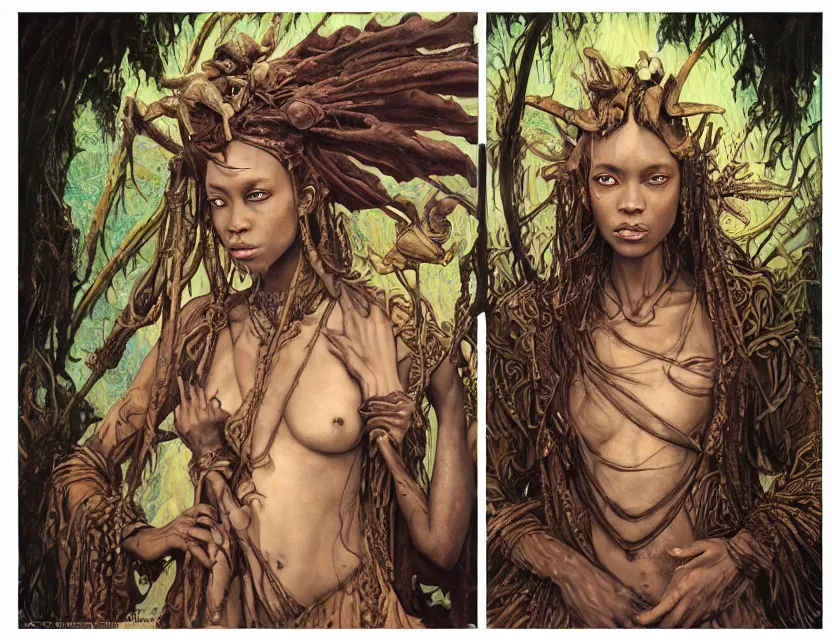 Image similar to a detailed portrait inspired by rebecca guay and mtg of the anthropomorphic frog mantis wizard shaman in his muddy creek. ancient african fantasy anime movie poster in the style of riven and myst. symmetry. arcane symbolism, intricate surrealist fantasy artwork. oil on canvas. award winning. dramatic. trending on artstation. 8 k