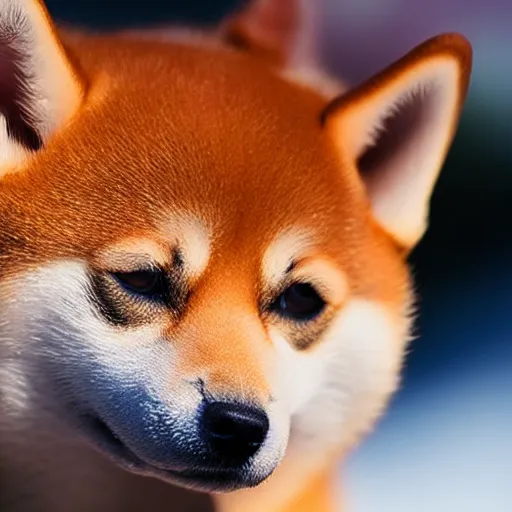 Image similar to Close up of a shiba inu, photo realistic, dramatic lighting, Nat Geo award winner, 100mm lens, bokeh