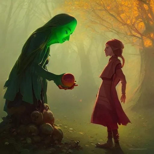 Image similar to a girl accepting an apple from a green skinned witch, by Jordan Grimmer and greg rutkowski, crisp lines and color,