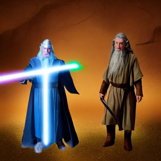 Image similar to frodo and gandalf as jedi master, dramatic lighting,