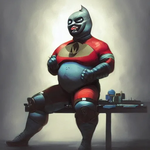 Image similar to a insanely detailed painting of a fat masked superhero wearing a costume sitting at a desk, staring at the nervously at the computer typing, in the style of peter mohrbacher, dramatic lighting and composition, trending on artstation, concept art, comic book