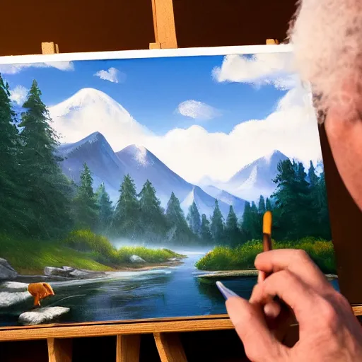 Image similar to a closeup photorealistic photograph of bob ross working on a canvas painting of elmo. film still. brightly lit scene. mountains and trees. this 4 k hd image is trending on artstation, featured on behance, well - rendered, extra crisp, features intricate detail, epic composition and the style of unreal engine.