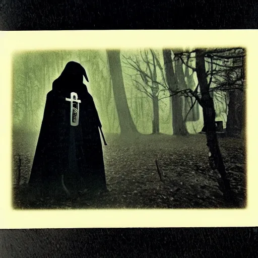 Image similar to polaroid plague doctor staying in front of the anandoned church in the woods, dark, moody, gloomy, foggy