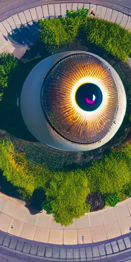 Prompt: huge giant eyeball sitting in a park, drone shot, 5 0 mm f 2. 5, daylight