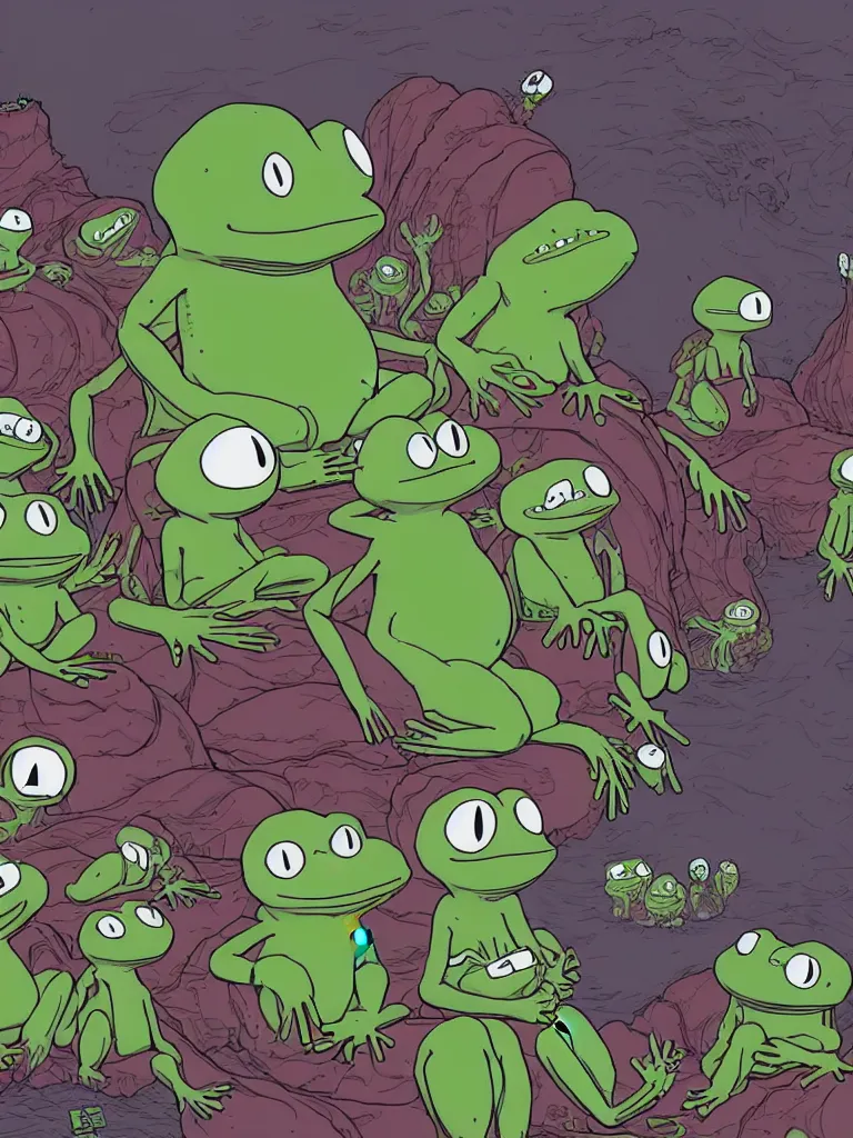 Prompt: resolution 4k worlds of loss and depression made in abyss design Akihito Tsukushi design body pepe the frog muscle meat lovecraftian war a bloody conflict visceral sitting by an ocean of blood the group of pepes sitting at the shore dream like end of evangelion , fractals , pepe the frogs at war, art in the style of and Oleg Vdovenko and Akihito Tsukushi ,Stefan Koidl