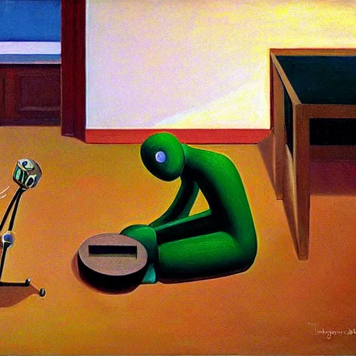 Image similar to robots prostrate jum ah, grant wood, pj crook, edward hopper, oil on canvas