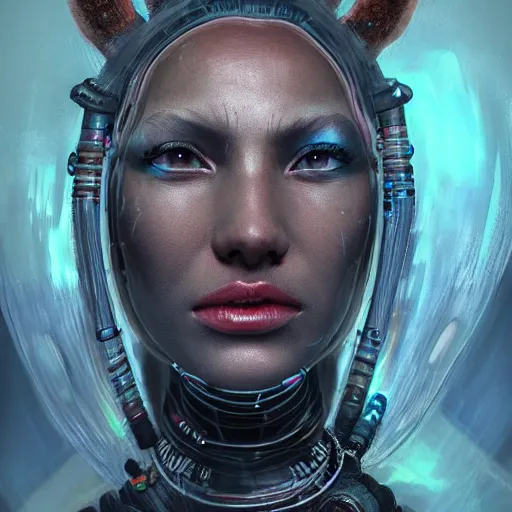 Image similar to detailed portrait of a futuristic sci - fi shaman in an impressive scene. extremely detailed. beautiful lighting. trending on artstation.