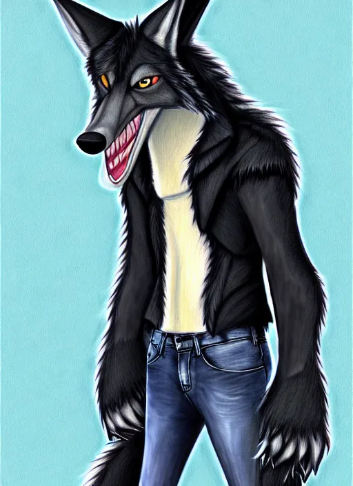 Image similar to expressive stylized master furry artist digital colored pencil painting full body portrait character study of the sergal wolf small head fursona animal person wearing clothes jacket and jeans by master furry artist blotch