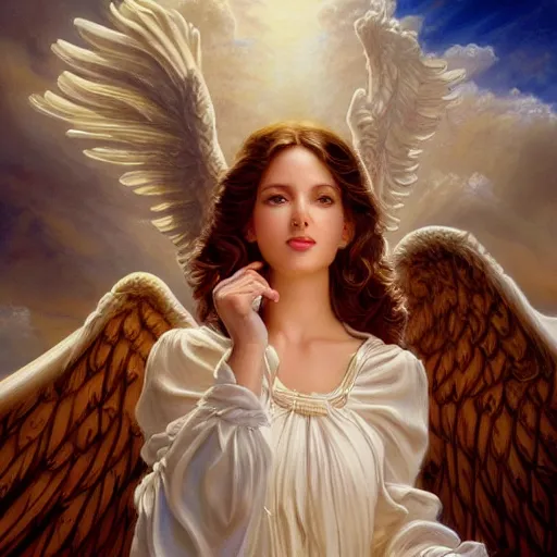 Image similar to a photo of a beautiful alluring female angel in the clouds, detailed, centered, digital painting, artstation, concept art, donato giancola, Joseph Christian Leyendecker, WLOP, Boris Vallejo, Annie Leibovitz and Steve McCurry, David Lazar, Jimmy Nelsson, Breathtaking, 8k resolution, extremely detailed, beautiful, establishing shot, artistic, hyperrealistic, beautiful face, octane render