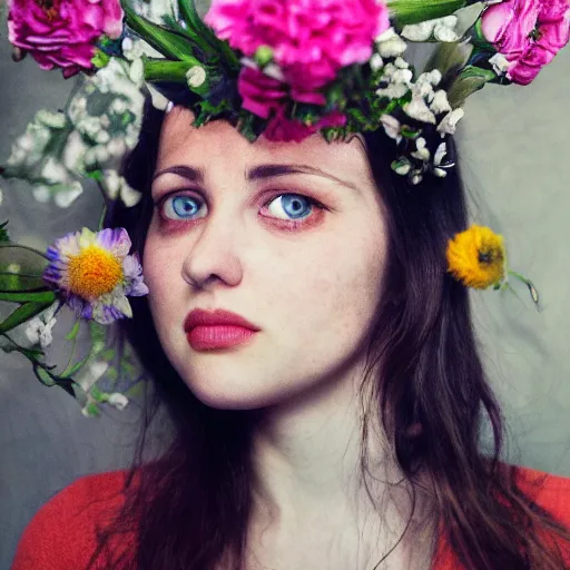 Prompt: photo portrait of a woman with flowers for eyes