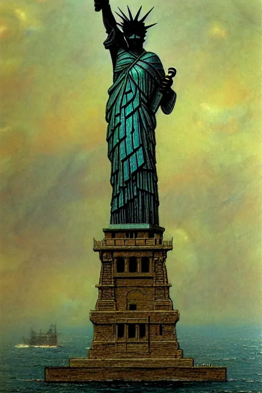 Prompt: psilocybin - hallucinations - statue - of - liberty, ( ( ( ( sharp focus, by gaston bussiere, bayard wu, giger, maxim verehin ) ) ) )