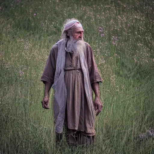 Prompt: old prophet wandering about a meadow. warm lighting. skin translucency.