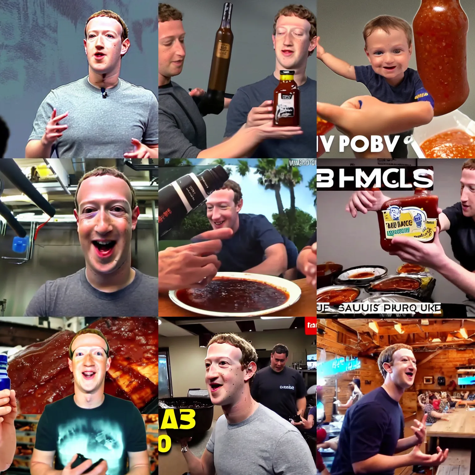 Prompt: mark zuckerberg hits you on the head with a baby ray's bbq sauce bottle, blurry footage, pov photography gopro