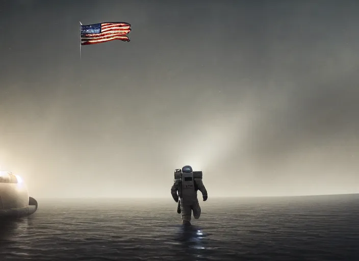 Image similar to astronaut holding a flag in an underwater desert. a submarine is visible in the distance. dark, concept art, cinematic, dramatic, atmospheric, 8 k, trending on artstation, blue, fish, low visibility, fog, ocean floor, christopher nolan, interstellar