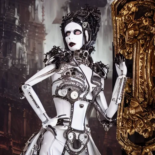 Prompt: female gothic robots with transparent head with mechanical brain, detailed decorated porcelain face, sensual pose, dressed in white intricate lace and jewels, epic environment, matte painting, diffused lighting, highly detailed, cinematic, epic atmosphere, digital art, trending on artstation, wide angle